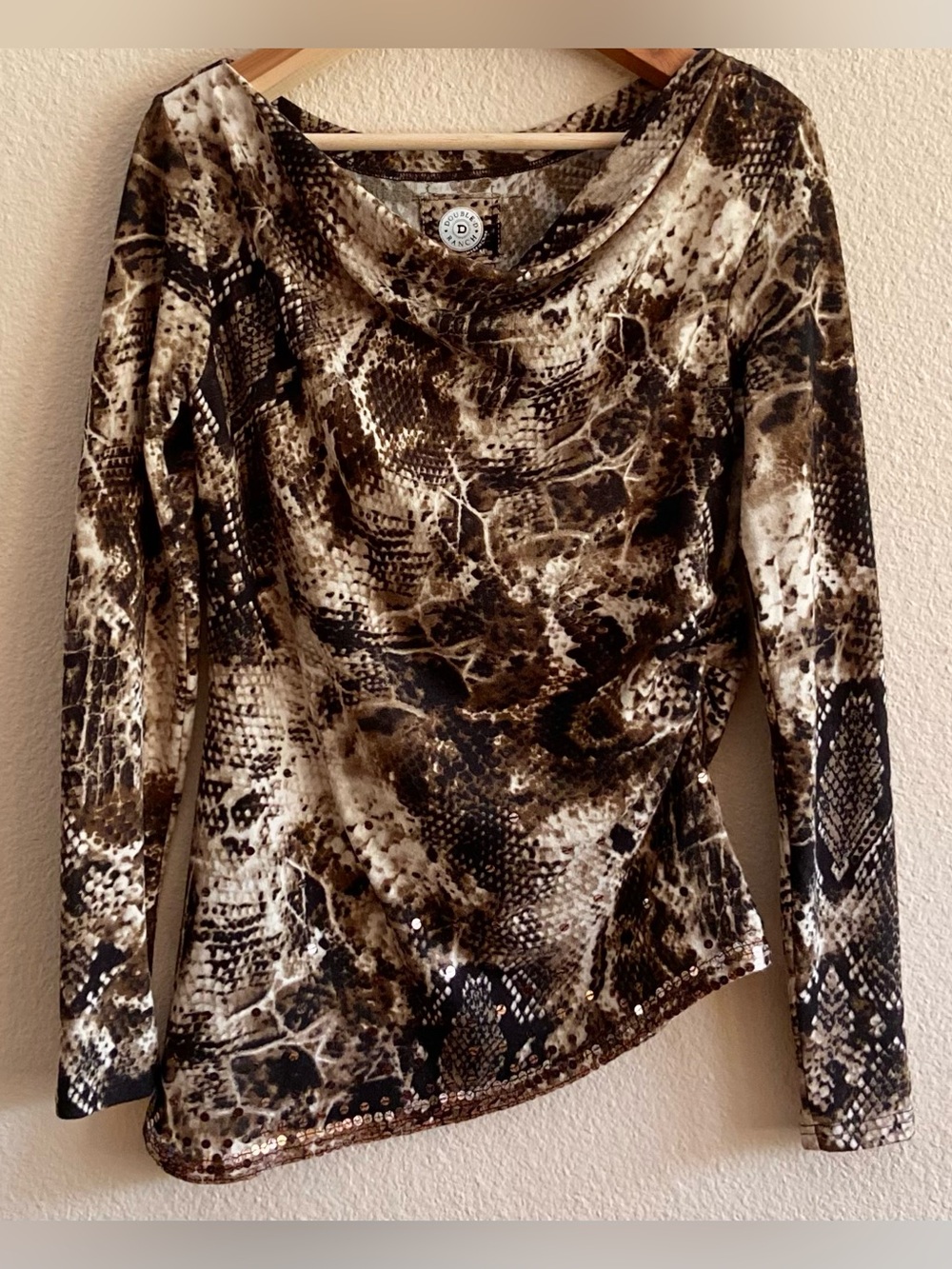 Top - Double D Ranch Long Sleeve - Vintage - Draped Cowl Neck - Snakeskin Print